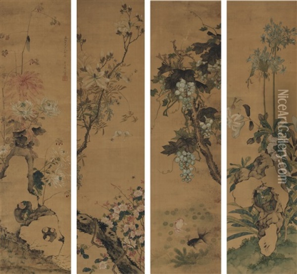 Flowers, Insects And Fish (4 Panels) Oil Painting -  Ju Lian