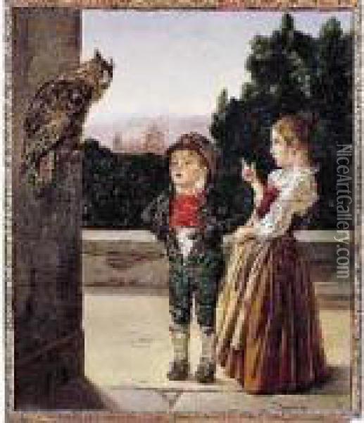 Deux Enfants Au Hibou Huile Sur Toile Signee En Bas A Droite Oil Painting - Johann Caspar Weidenmann