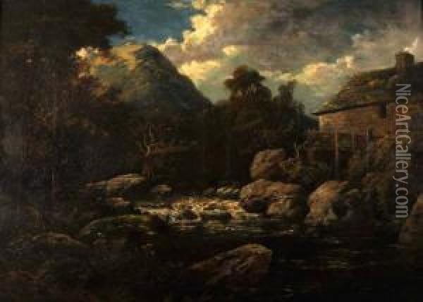 Welsh Mountain River Landscape With Mill Oil Painting - Edward H Neimann