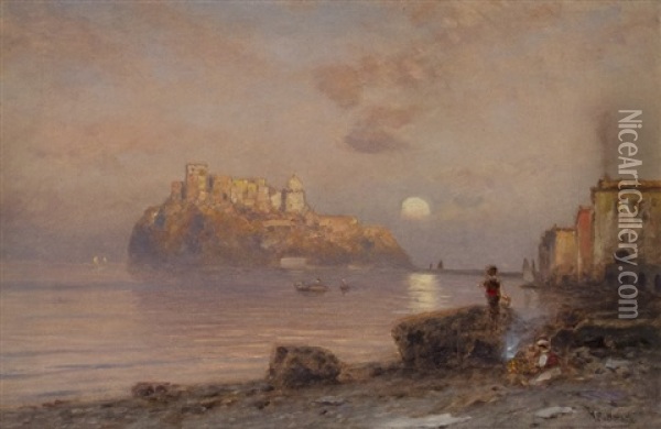Evening At The Castello Aragonese Near Ischia Oil Painting - Ascan Lutteroth