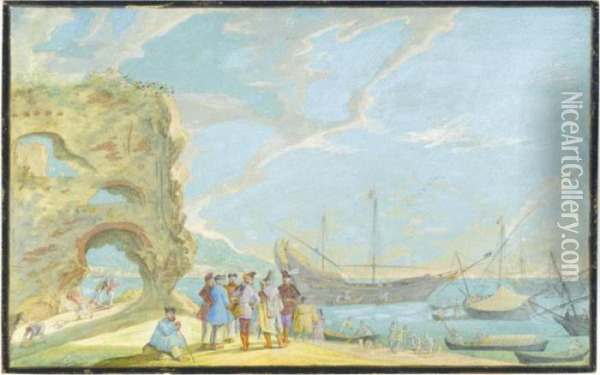 A Beach Scene: Merchants In Conversation, With Ruins And Ships Behind Oil Painting - Johann Wilhelm Baur