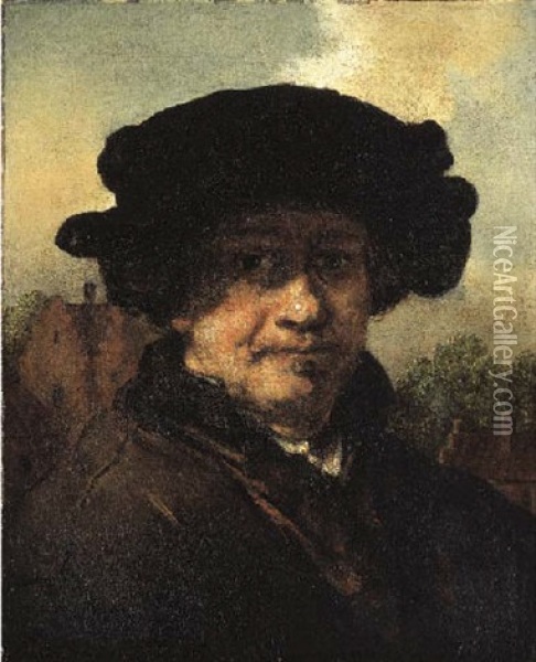 Portrait Of Rembrandt Harmensz, Van Rijn In A Brown Coat And Black Hat, A Landscape Beyond Oil Painting - Carel Fabritius