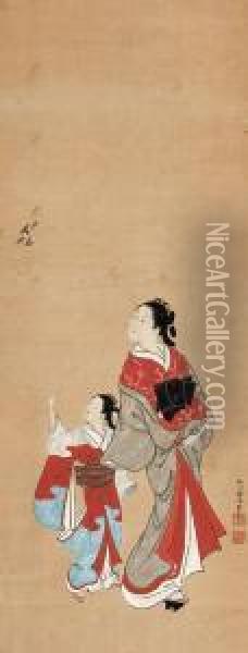 Courtesan And Attendant Looking Up At A Cuckoo Oil Painting - Nishikawa Sukenobu