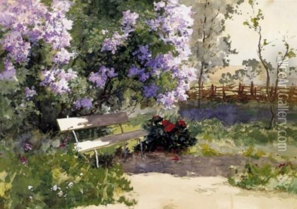 Garden Bench By Lilac Bush Oil Painting - Antal Neogrady