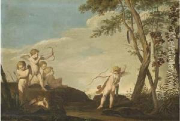 A Mediterranean Landscape With Putti Firing Arrows To Ashield Oil Painting - Giovanni Batista Cipriani