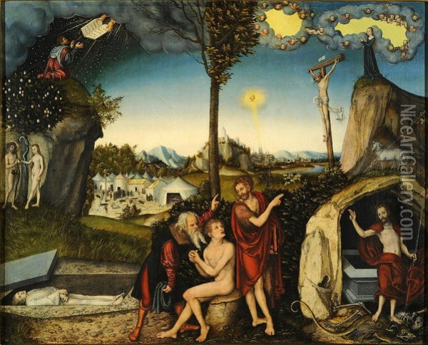 Law And Gospel Oil Painting - Lucas The Elder Cranach