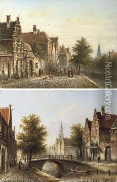 Townsfolk By A Canal In Summer; And Figures On A Bridge In A Dutch Town Oil Painting - Johannes Franciscus Spohler