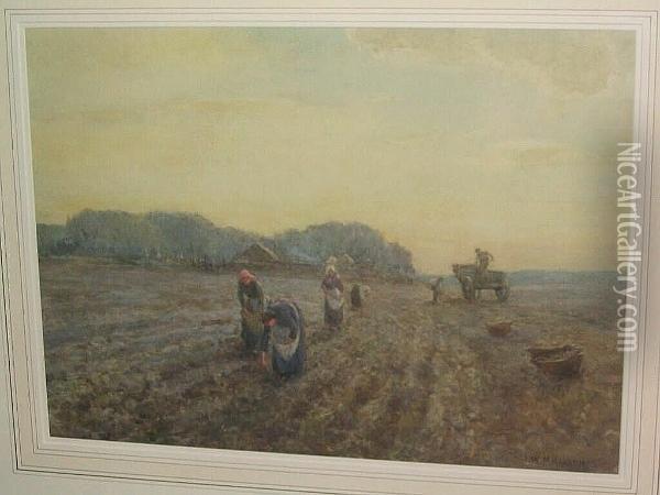 Field Workers, Oglet, Evening Oil Painting - James W. Milliken