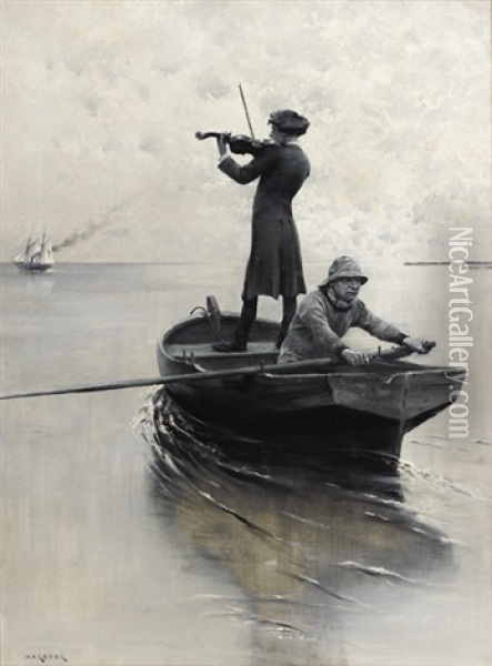 Violoniste Rejoignant Un Navire, En Grisaille Oil Painting - August Vilhelm Nikolaus Hagborg