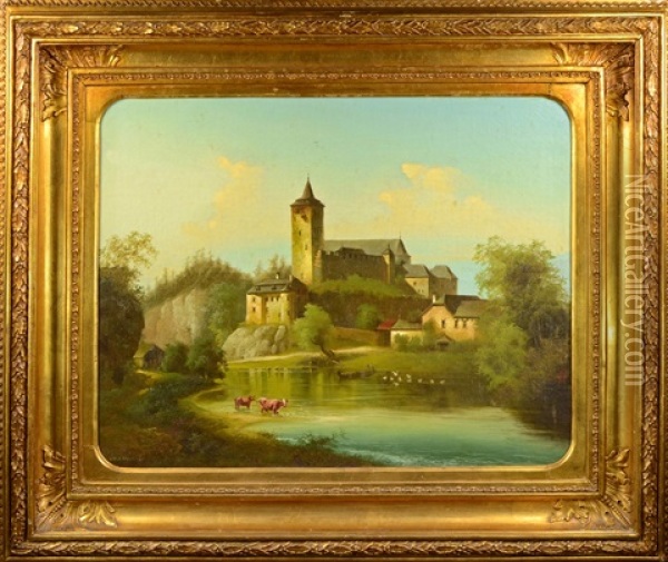 Romantic Castle With A Lake Oil Painting - Johann Wilhelm Jankowski