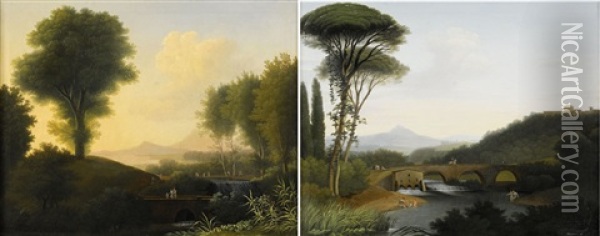 Klassicerande Italienska Landskap Med Figurer (pair) Oil Painting - Johan Carl Holst