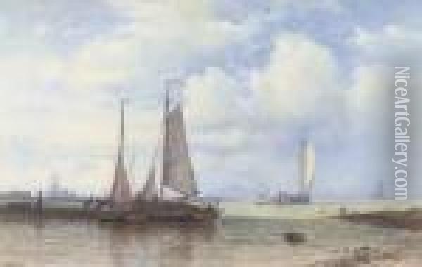 Barges On The Scheldt In The Early Morning Light Oil Painting - Abraham Hulk Jun.