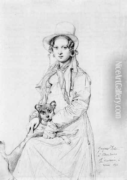 Mademoiselle Henriette Ursule Claire, maybe Thevenin, and her dog Trim Oil Painting - Jean Auguste Dominique Ingres