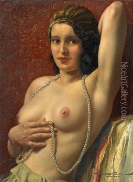 Weiblicher Halbakt Mit Perlenkette Oil Painting - Hans Hassenteufel