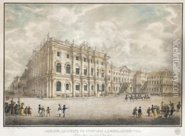 Two Coloured Lithographs Depicting The Winter Palace And Sadovaya Street In St. Petersburgh After Drawings By Sabat And Shiflyar Oil Painting - Karl Petrovich Beggrov