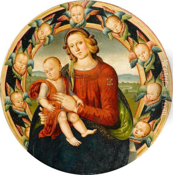 Madonna And Child In A Ring Of Cherubs. Oil Painting - Master Of Santo Spirito