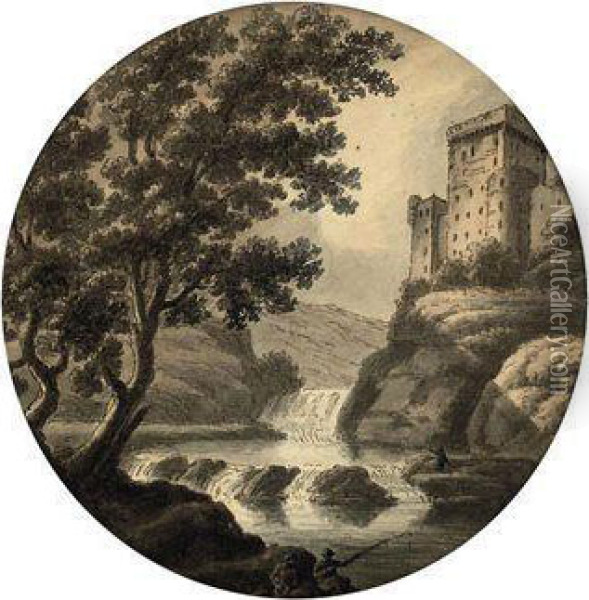 Capriccio, With A Castle Above A Waterfall Oil Painting - Robert Adam