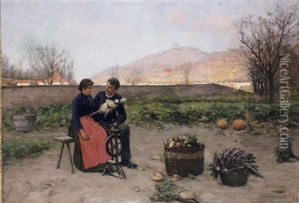 Conversazioni Romantiche Con Veduta Di Superga Oil Painting - Guilio Sommati di Mobello