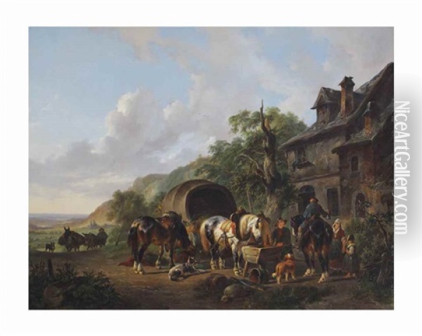 Travelers At A Tavern In A Sunlit Landscape Oil Painting - Wouter Verschuur the Elder