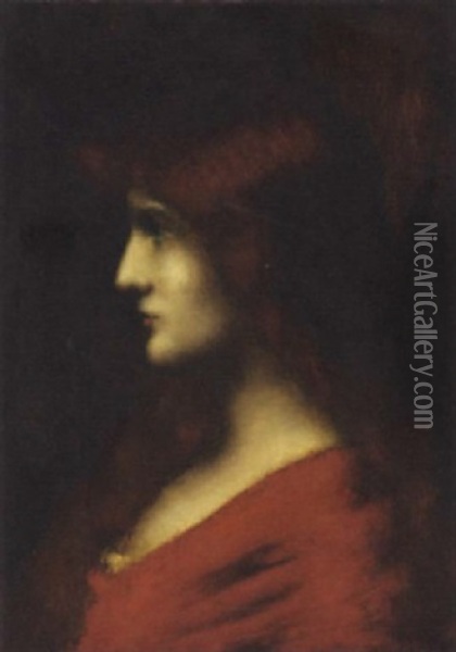 Portrait Of A Lady In Red Oil Painting - Jean Jacques Henner
