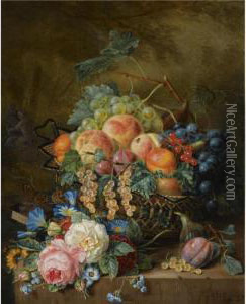 A Still Life With Fruit And Flowers Oil Painting - Adriana Van Ravenswaay