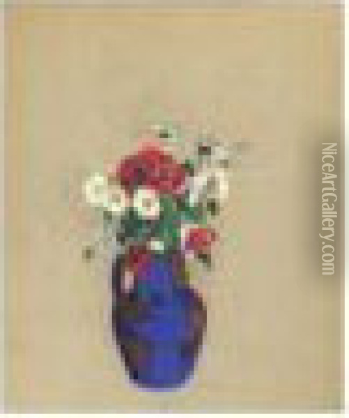 Coquelicots Et Marguerites Dans Un Vase Bleu Oil Painting - Odilon Redon