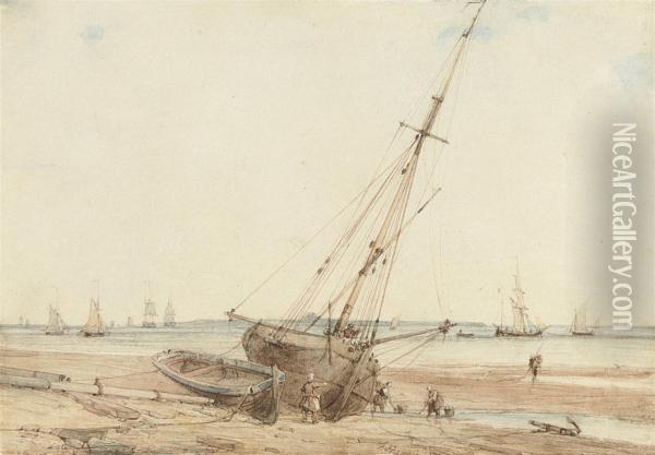Figures By A Beached Boat Oil Painting - Francois Louis Thomas Francia
