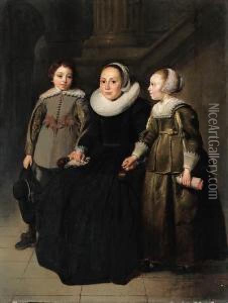 Portrait Of A Lady, Full-length 
Seated, In A Black Dress With Whiteruff And Cap, Holding A Handkerchief,
 With Her Son In A Greydoublet With Slashed Sleeves, Holding A Hat, And 
Her Daughter In Agreen Dress With White Collar And Cuffs And Embroidered
 Oil Painting - Thomas De Keyser