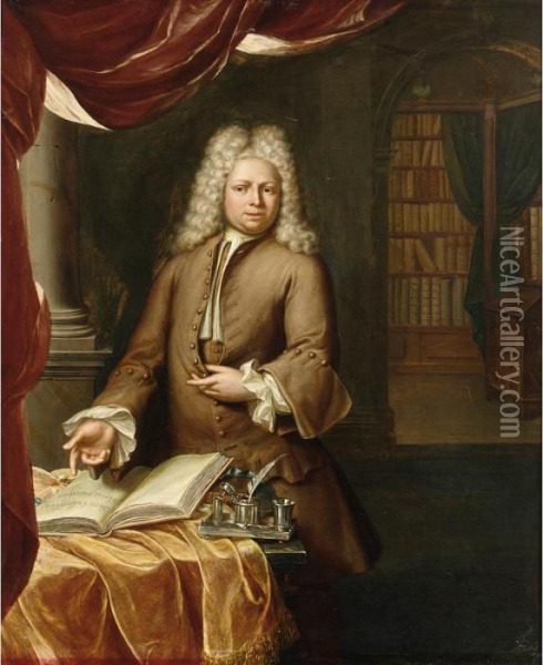 A Portrait Of A Gentleman Standing Three- Quarter Length, In His Study Oil Painting - Hieronymus Van Der My
