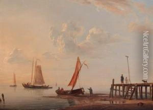 Low Tide: Moored Fishing Pinks By A Landing Stage Oil Painting - Casparus Johannes Morel