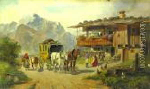Travellers Outside An Alpine Farm House Oil Painting - Ludwig Muller-Cornelius