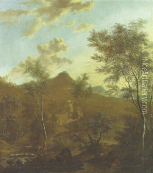 An Italianate Landscape With A Fortified Village And Fishermen By A Rapid, A Herdsman In The Foreground Oil Painting - Frederick De Moucheron