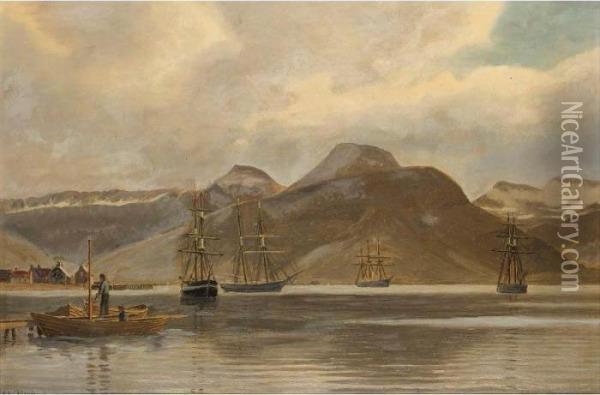 Shipping In A Norwegian Fjords Oil Painting - Christian Vigilius Blache