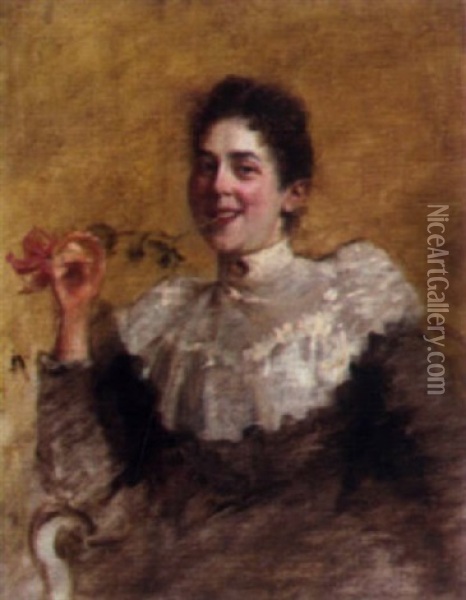 Junge Frau Mit Einer Rose Oil Painting - Eduard (Karl-Franz) von Gebhardt