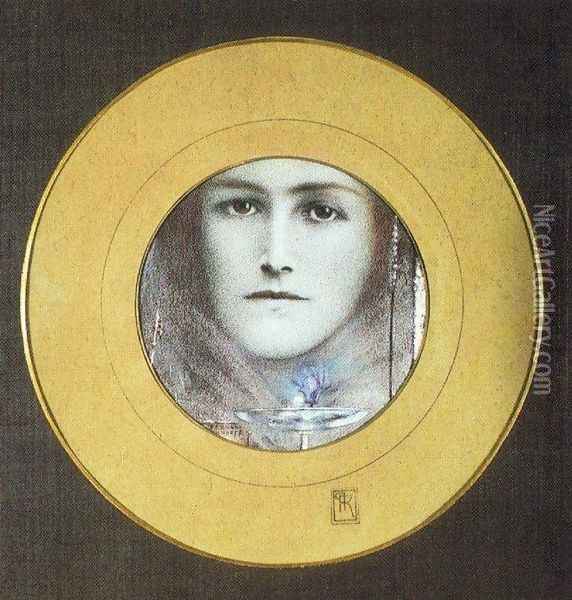 Brown Eyes and a Blue Flower Oil Painting - Fernand Khnopff