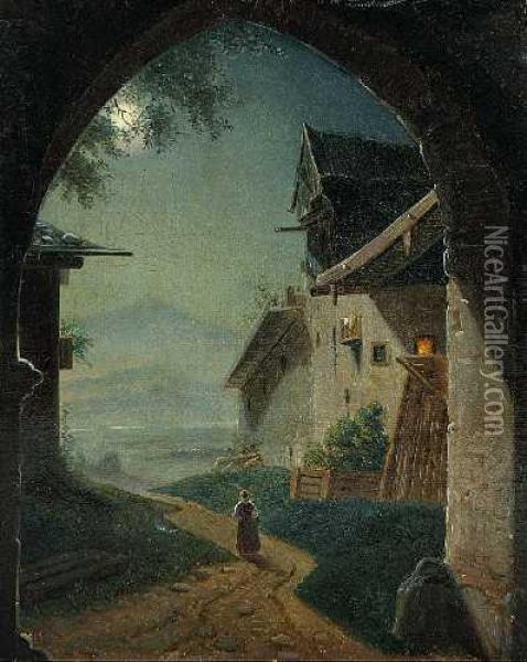 Dorf Im Mondschein Oil Painting - Francois J. Deutsch