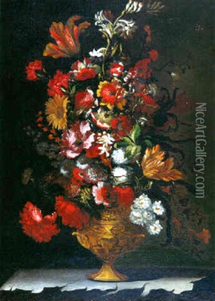 Bouquet De Fleurs Sur Un  Entablement De Pierre Oil Painting - Mario Nuzzi