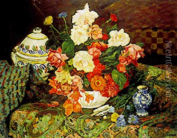 Nature Morte Au Bouquet De Roses, Soupiere Et Tapis Oil Painting - Marcel Francois Leprin