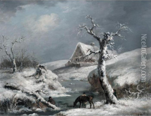 Figures By A Frozen Stream Oil Painting - George Morland
