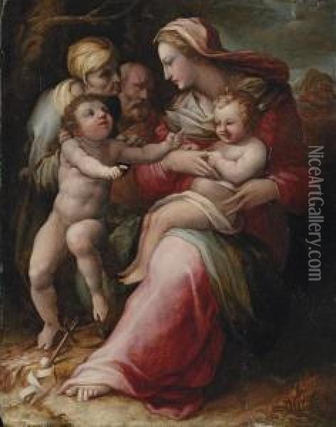 The Holy Family With Saint Elizabeth And The Infant Saint John Thebaptist Oil Painting - Giovan Battista Naldini