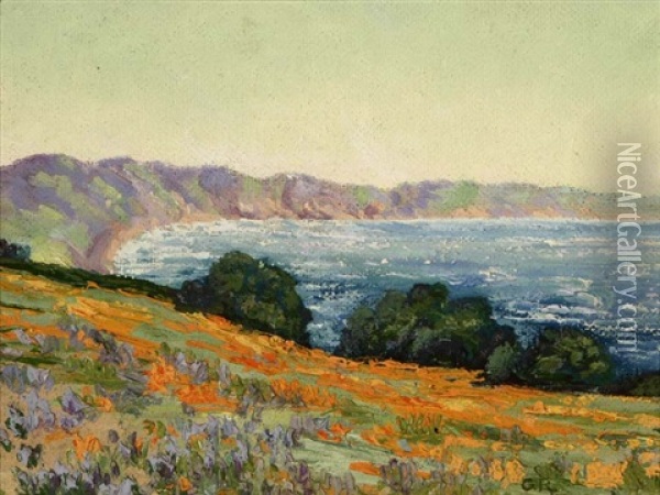 Lupine And Poppies, Central Coast, California Oil Painting - Granville S. Redmond