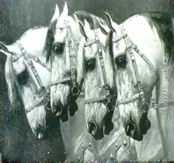 Heads Of Four Horses Oil Painting - Oscar Merte