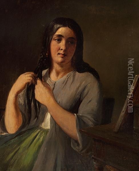 A Young Woman Strawing Her Dark Hair Oil Painting - Wilhelm Marstrand