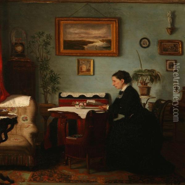 Interior With A Reading Woman Oil Painting - Jens Jorgen Jensen-Egeberg