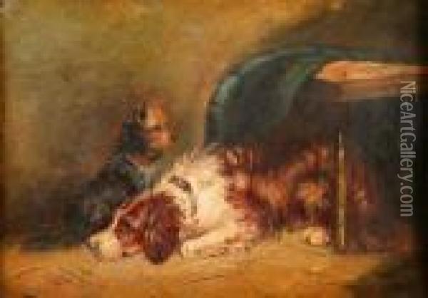 Board Terrier And Spaniel Dog By A Table Oil Painting - George Armfield