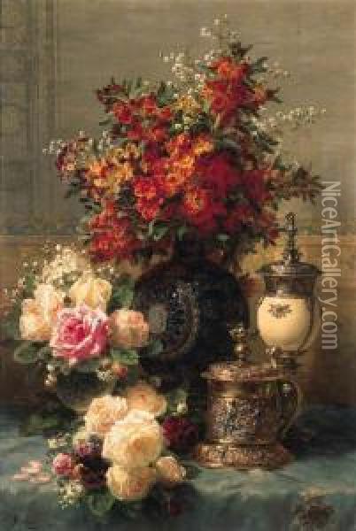 Roses, Anenomes And Peonies, 
Strawberries, A Silver-gilt Ostrichegg Cup And A German Gold-gilt 
Tankard On A Draped Table Oil Painting - Jean-Baptiste Robie