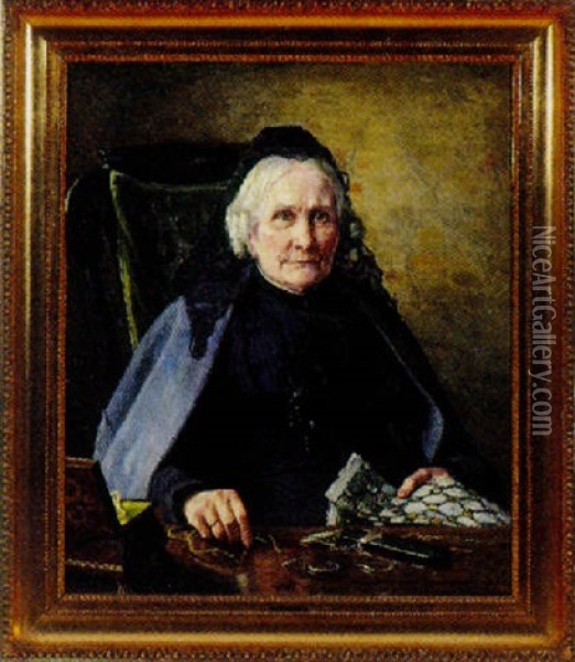 Interior Med Aeldre Kvinde Ved Sit Sytoj Oil Painting - Georg Nicolaj Achen