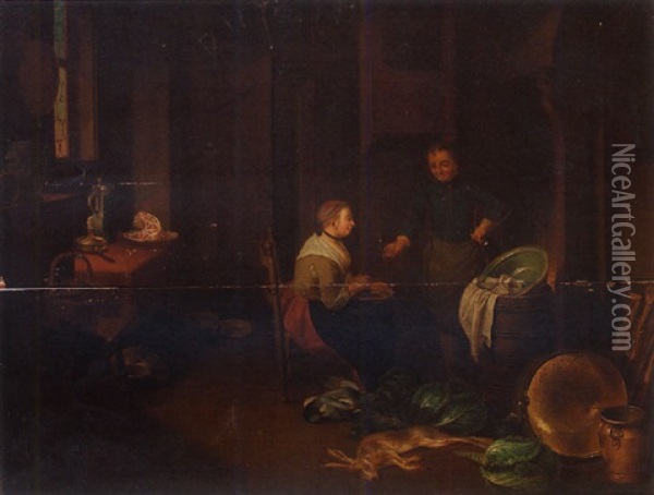 A Kitchen Interior With A Maid Conversing With A Butler Oil Painting - Justus Juncker
