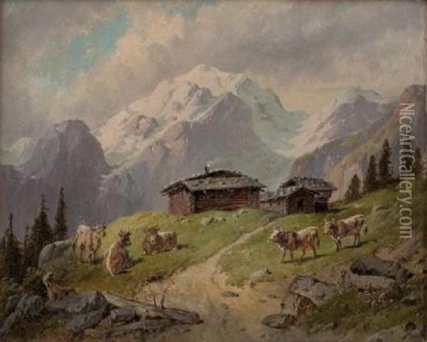 Weidende Kuhe Aufder Alm Oil Painting - Alfred Gerasch