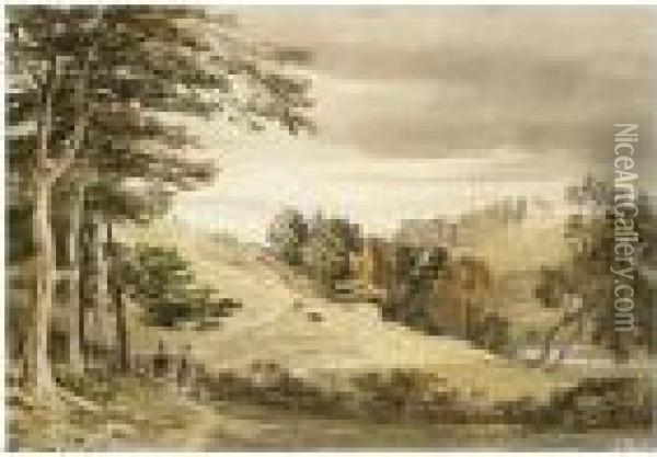 Figures By A Gateway In A Hilly Landscape Oil Painting - George Arthur Fripp